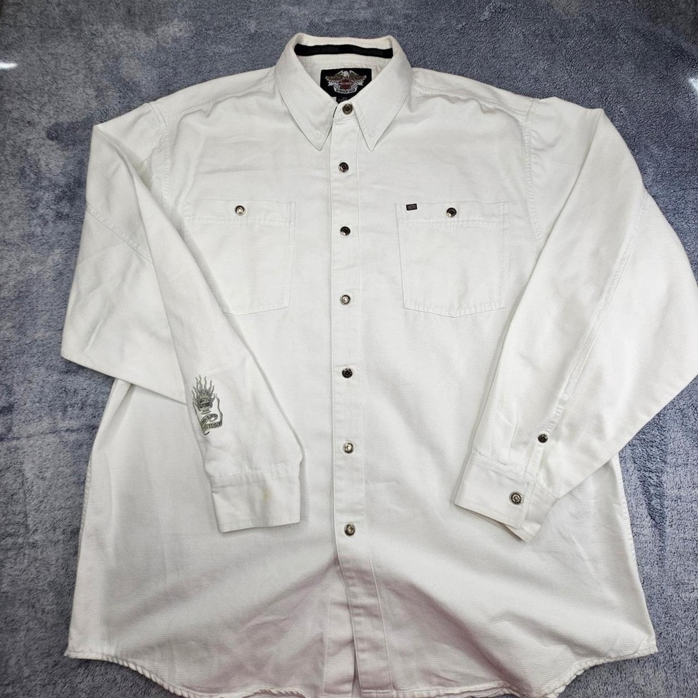 Vintage Harley Davidson Mens XL White Button Down Shirt Flaming Skull Sleeve